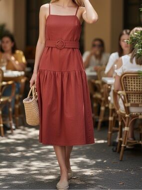 Adelyn Rae Flattering Rust Red Belted Tencel/Linen Blend Midi Dress–Size M(NWOT)